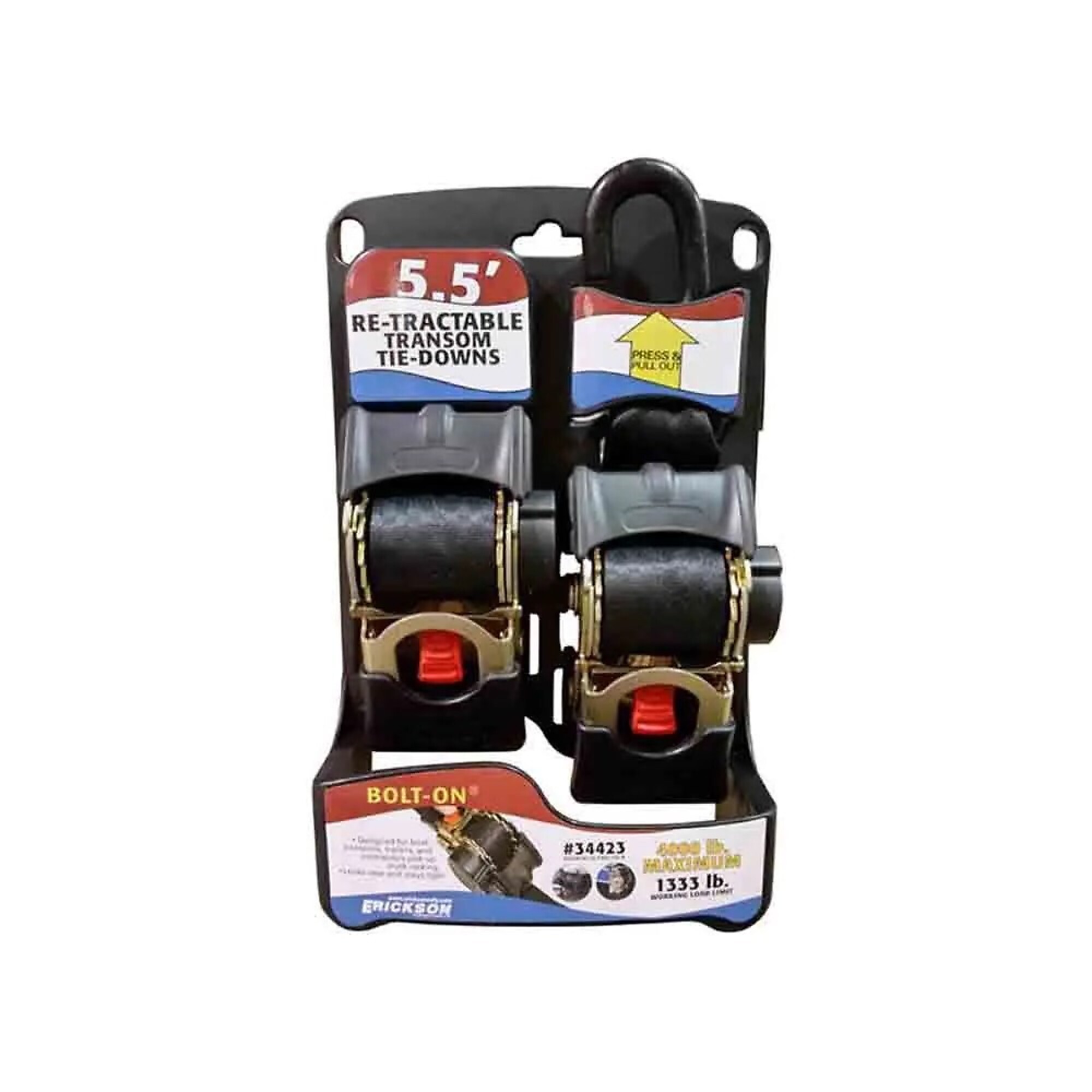Erickson, Bolt-On Re-Tractable Transom Tie-Down, Pair of 2 inch x 5.5 foot Retractable Straps, Designed for Boat Transom Trailers, 4000 lb Capacity, S-Hook, Model# E-34423